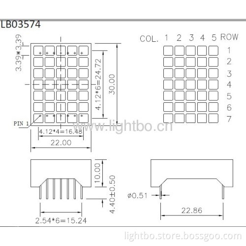 1.1 Inch Super Bright Red 3.39x3.39mm 5 X 7 Square Dot Matrix Led Display 22 X 30 X 10mm 